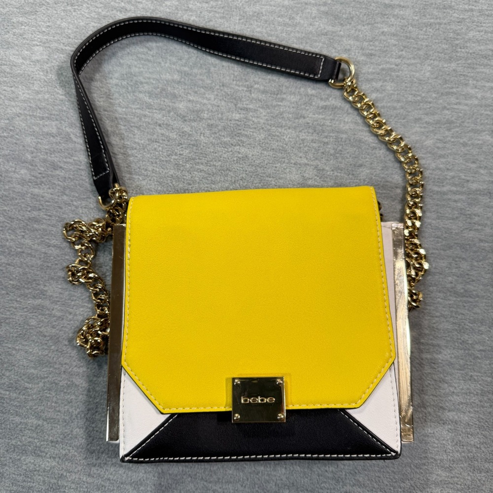 Bebe Colorblock Crossbody Bag Yellow‎ White Black Gold Chain Purse Small